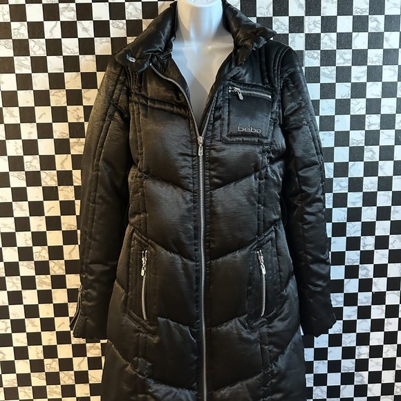 BEBE Long Black Satin Down Puffer Coat SIZE SM - Picture 3 of 10